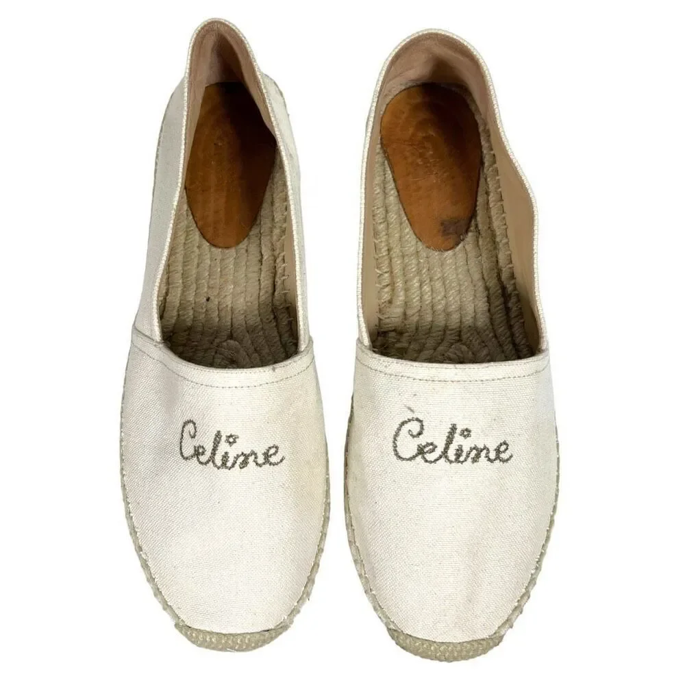 CELINE Embroidered Logo Triomphe Flat Espadrilles Canvas Cream Size 40 US 10